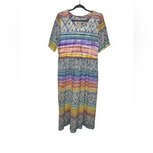 🌈 Vintage Mark Fore & Strike Multicolor Stripe Pattern Button Midi Dress L NWT ✨